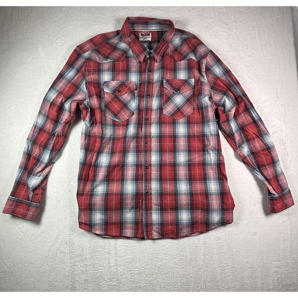 Wrangler Red Men 3XL Red & Blue Plaid Long Sleeve Shirt Western Cabin Mens Shirt